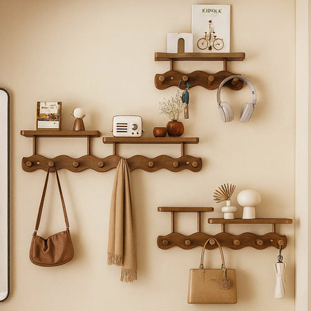 Bamboo Entryway Wall Rack with Hooks and Shelf