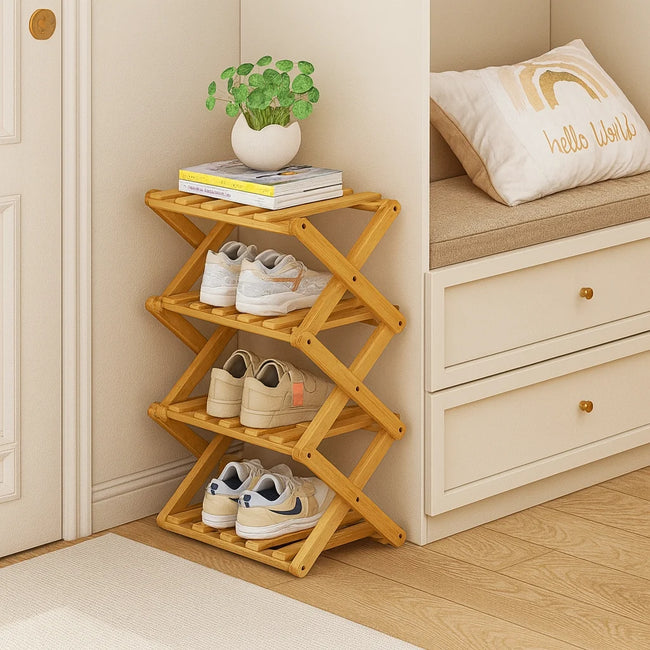 Bamboo Folding Shoe Rack with Tiered Design and Space-Saving Features