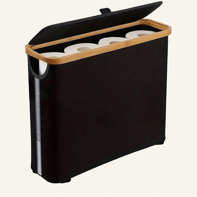 Bamboo Toilet Paper Storage Holder with Stay-Open Lid | Stylish Bathroom Organizer for Clutter-Free Spaces