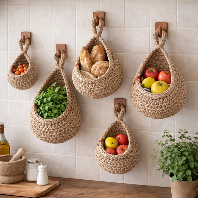 Hanging Jute Storage Basket – Teardrop Design for Produce and Plants