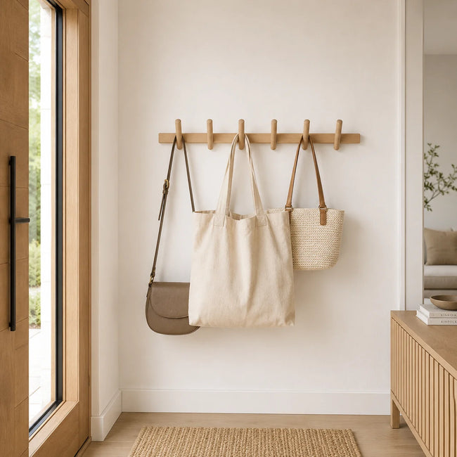 Wall Storage Rack with Oak Wood Finish and Multiple Hook Options