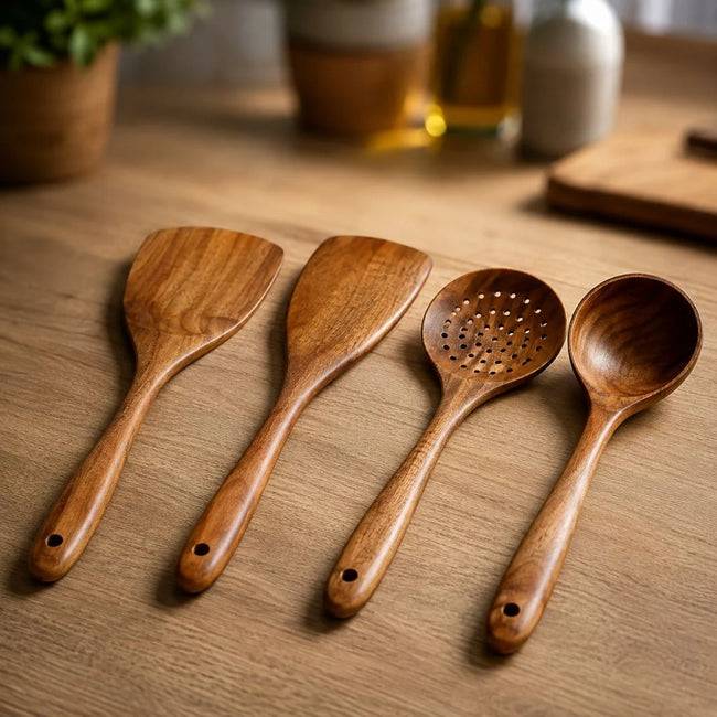 Wooden Kitchen Utensils Set with Handcrafted Teak Design
