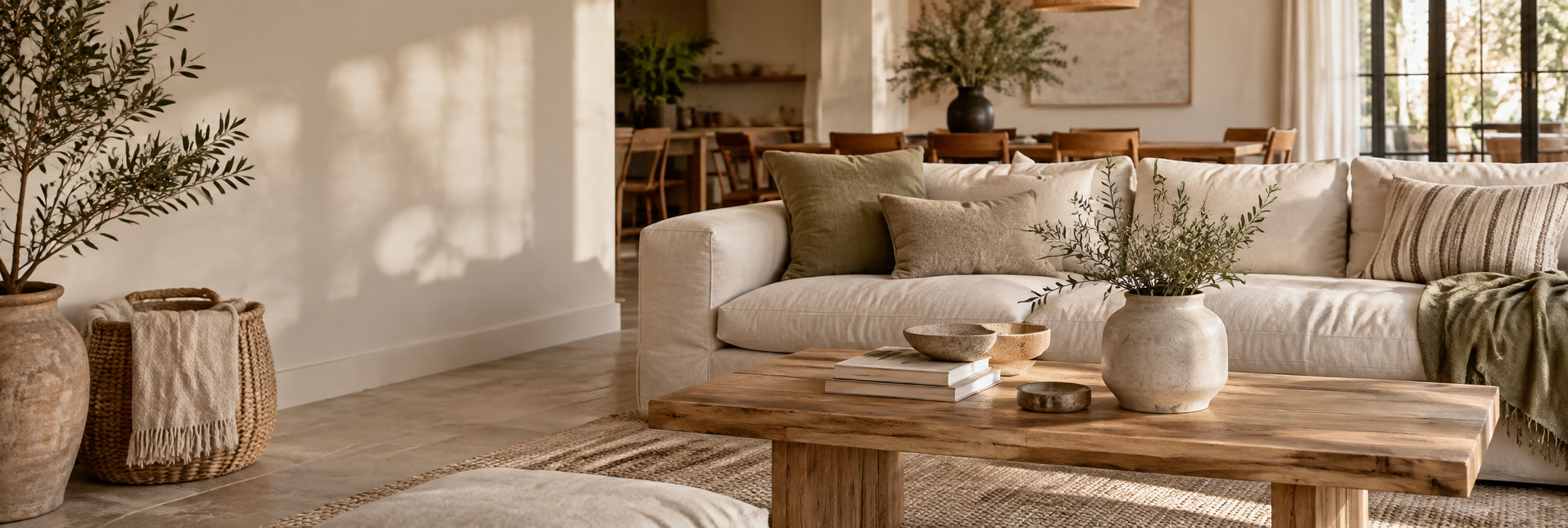 Warm neutral living and dining space with natural wood, ceramics and woven textures