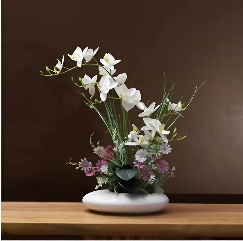 Ceramic Flower Vase with Orchid Faux Flower Figurines 0