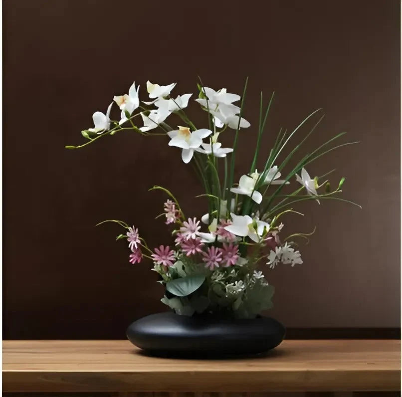 Ceramic Flower Vase with Orchid Faux Flower Figurines 1