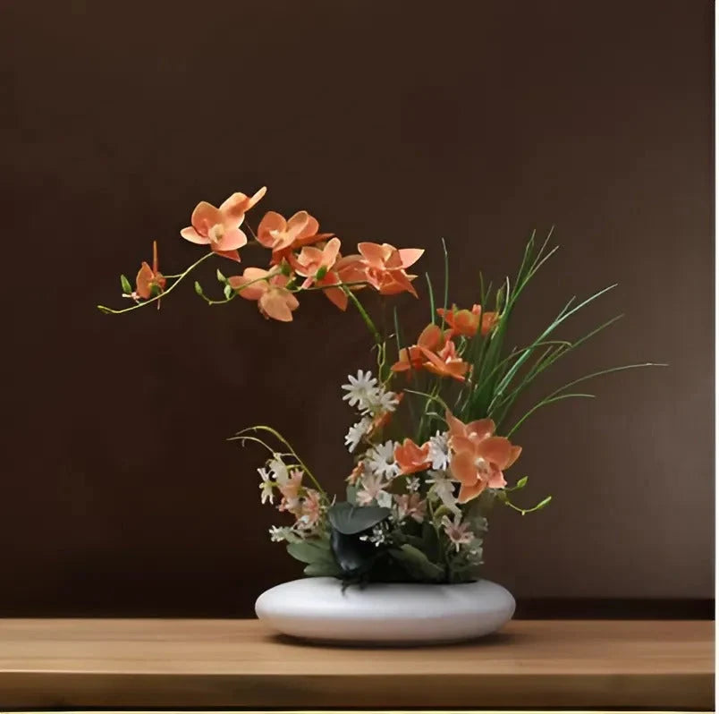 Ceramic Flower Vase with Orchid Faux Flower Figurines 2