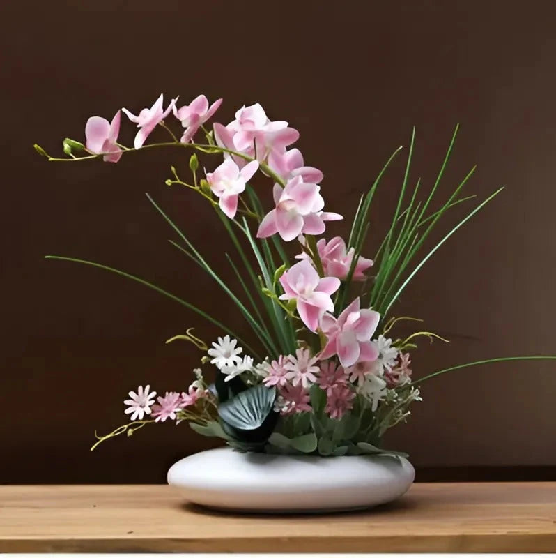 Ceramic Flower Vase with Orchid Faux Flower Figurines 4