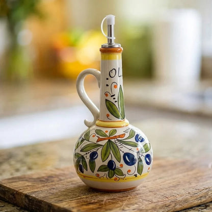 Ceramic Oil Bottle with Decorative Design and Metal Pour Spout 2