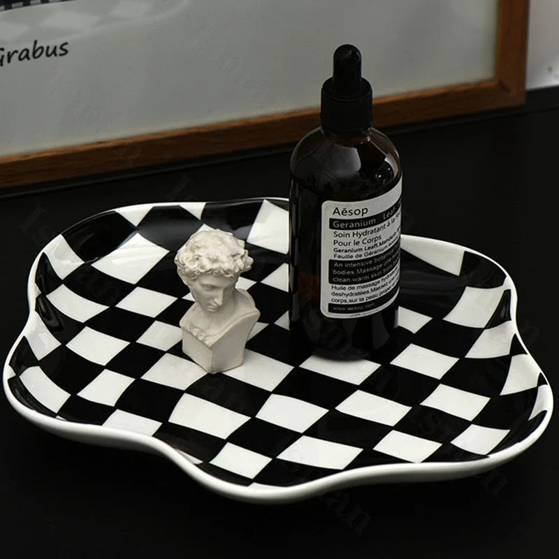 Ceramic Storage Tray with Black and White Chequerboard Design for Stylish Organization 0