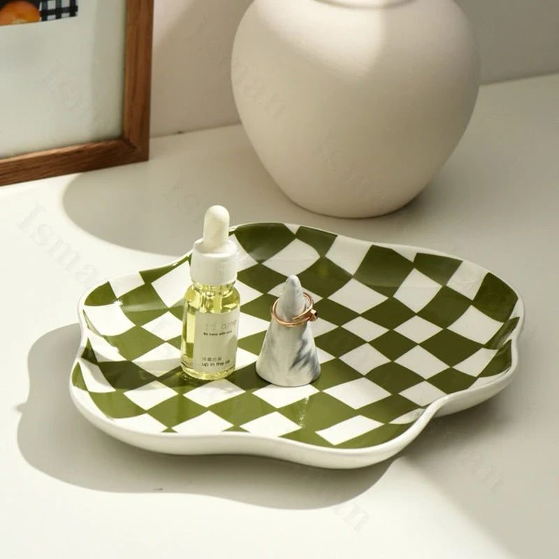 Ceramic Storage Tray with Black and White Chequerboard Design for Stylish Organization 1