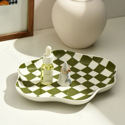 Ceramic Storage Tray with Black and White Chequerboard Design for Stylish Organization 1