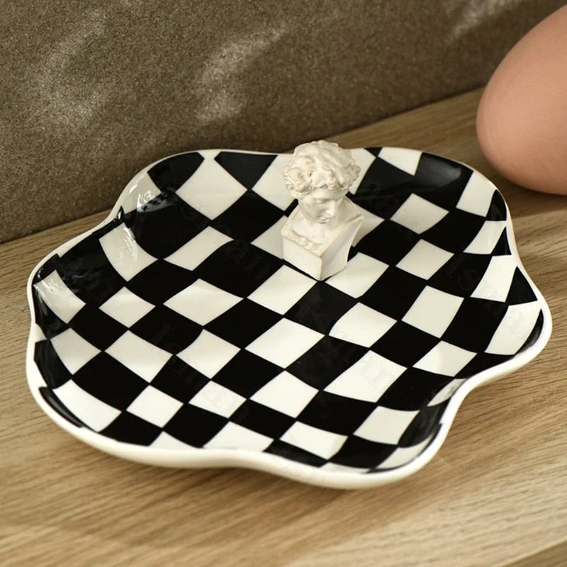 Ceramic Storage Tray with Black and White Chequerboard Design for Stylish Organization 3