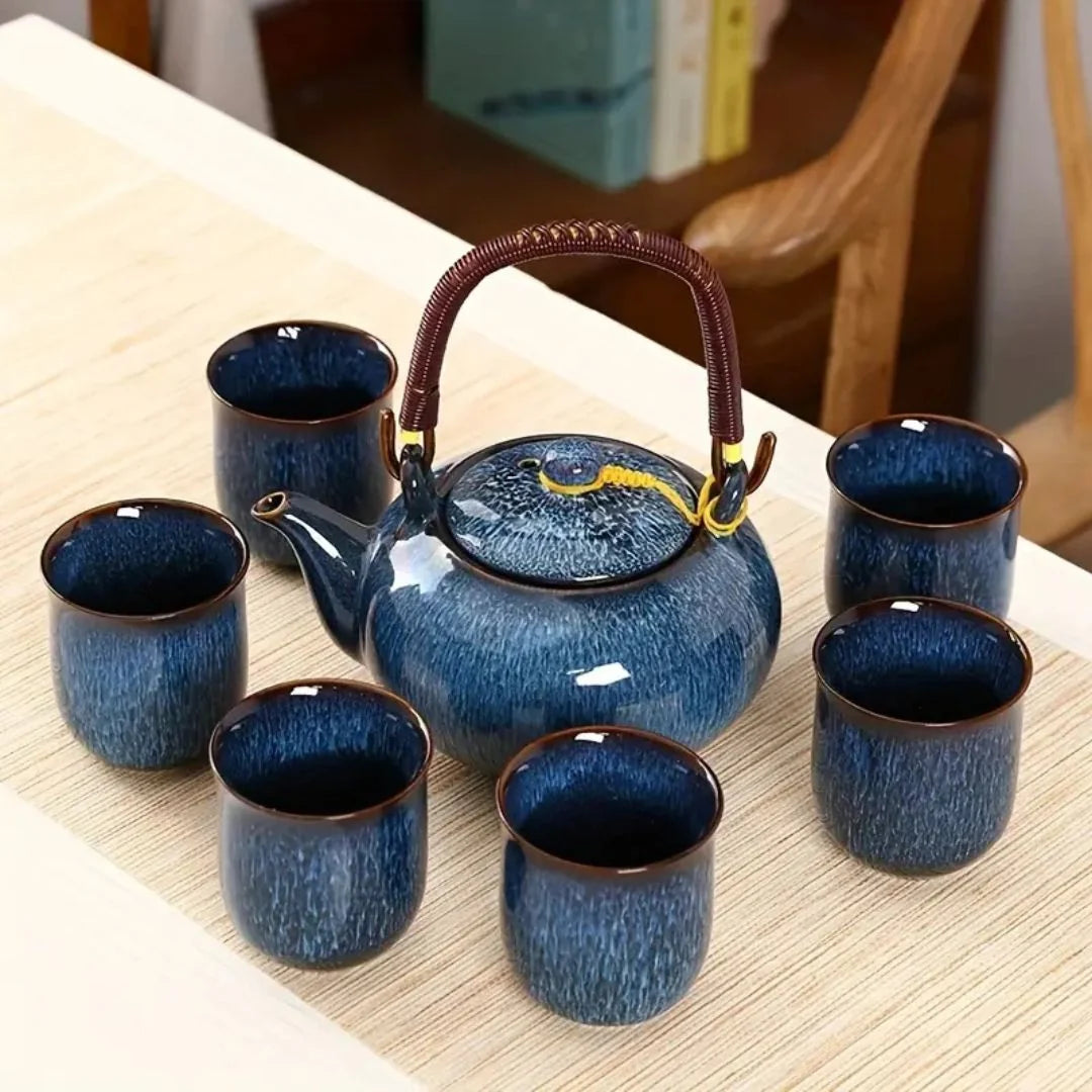 Ceramic Tea Set with Unique Glaze, Includes Teapot and Six Tea Cups 0