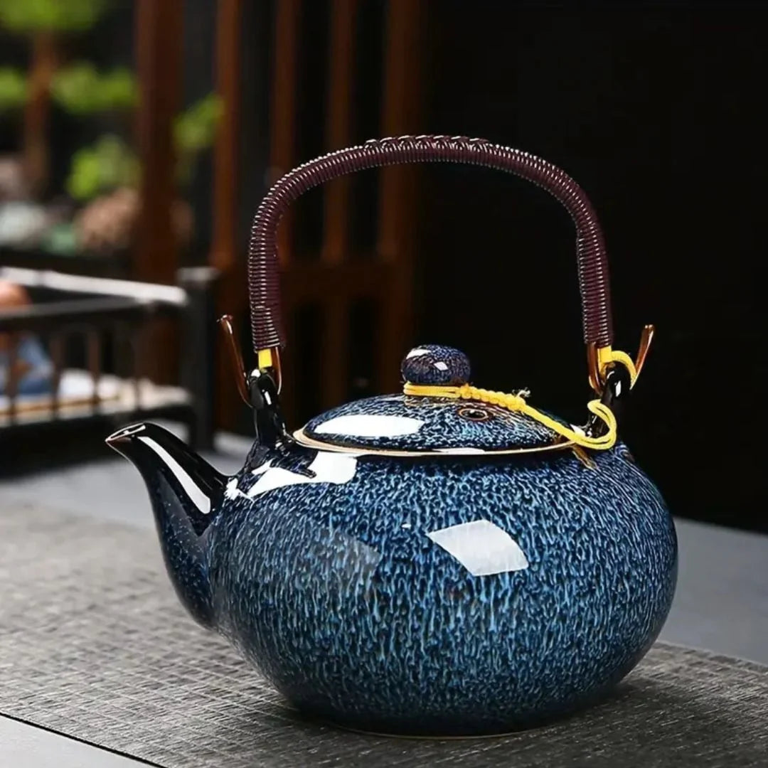 Ceramic Tea Set with Unique Glaze, Includes Teapot and Six Tea Cups 1