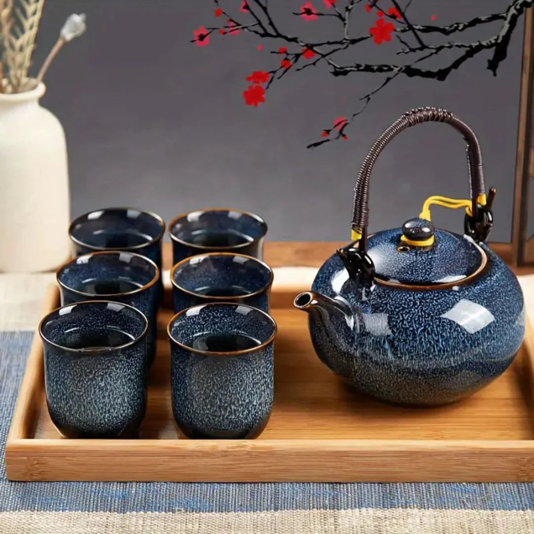 Ceramic Tea Set with Unique Glaze, Includes Teapot and Six Tea Cups 2