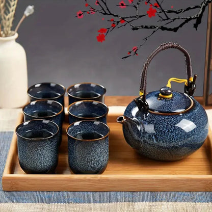 Ceramic Tea Set with Unique Glaze, Includes Teapot and Six Tea Cups 2