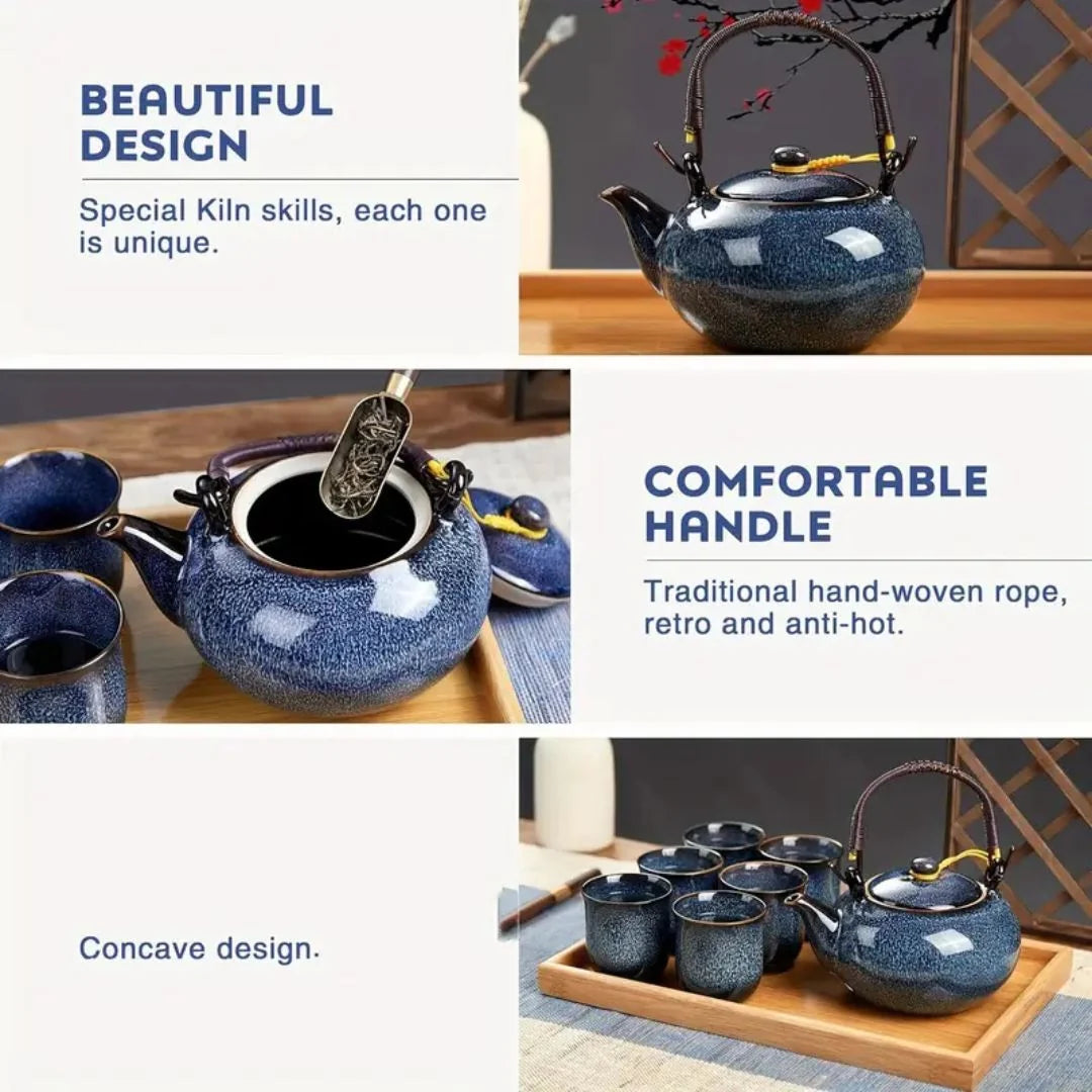 Ceramic Tea Set with Unique Glaze, Includes Teapot and Six Tea Cups 4