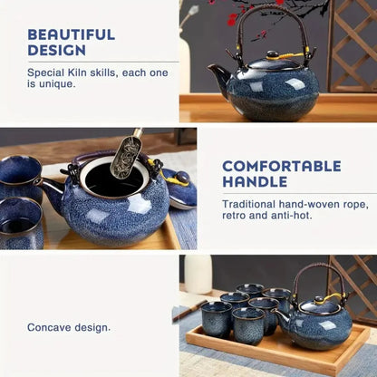 Ceramic Tea Set with Unique Glaze, Includes Teapot and Six Tea Cups 4