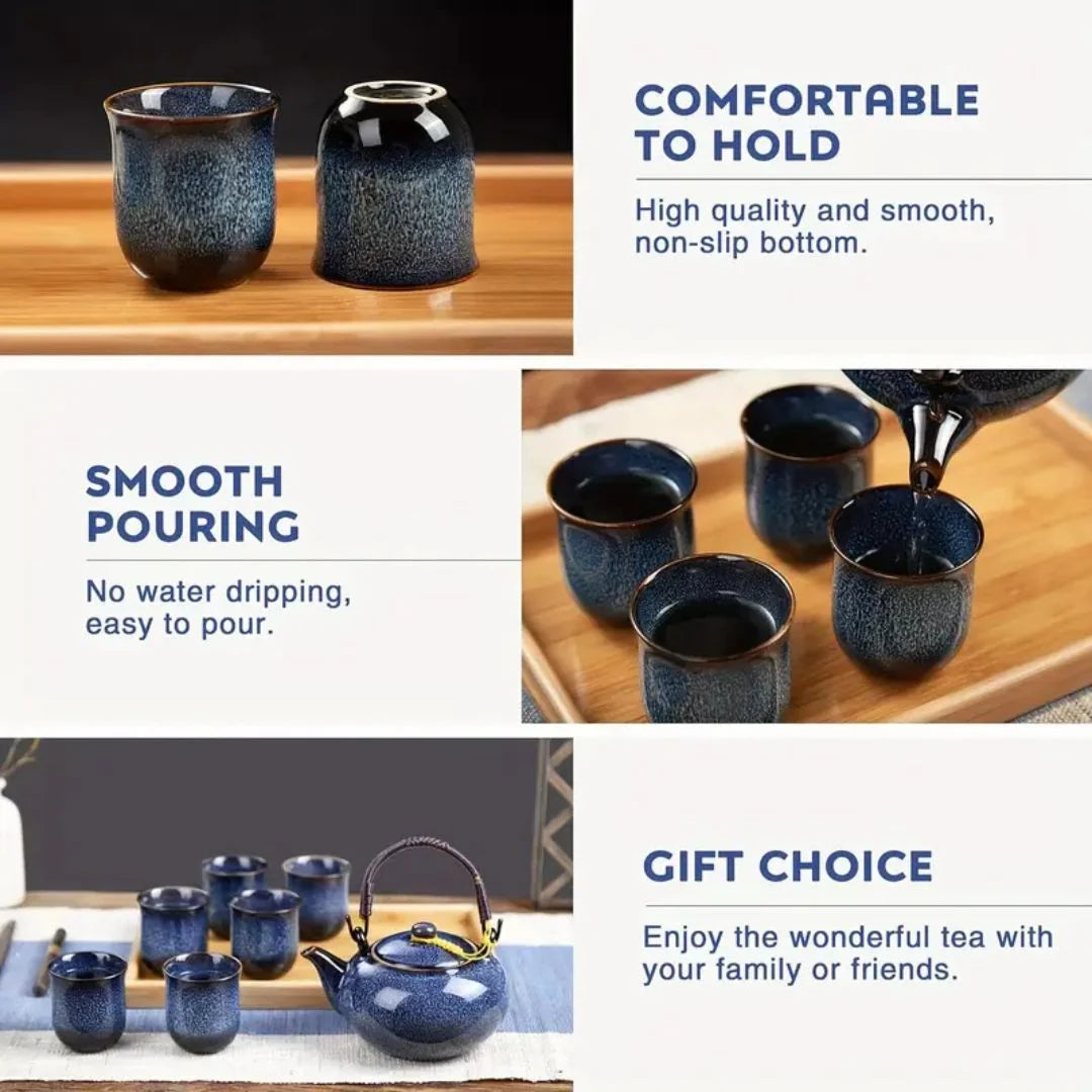 Ceramic Tea Set with Unique Glaze, Includes Teapot and Six Tea Cups 5