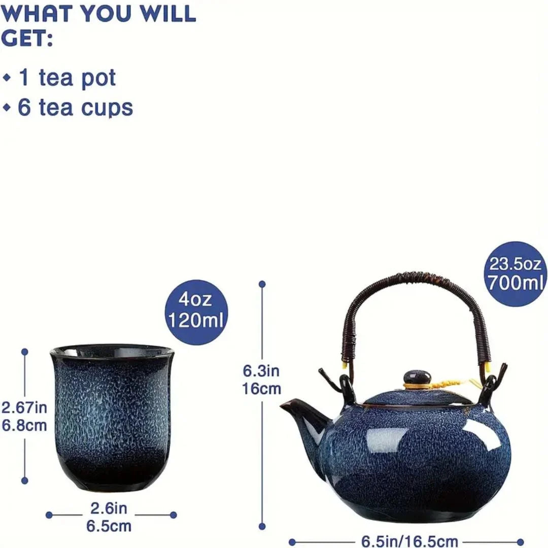 Ceramic Tea Set with Unique Glaze, Includes Teapot and Six Tea Cups 6
