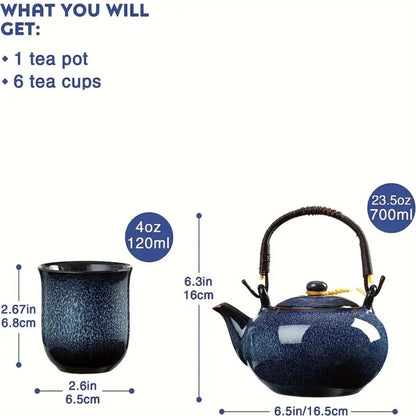 Ceramic Tea Set with Unique Glaze, Includes Teapot and Six Tea Cups 6