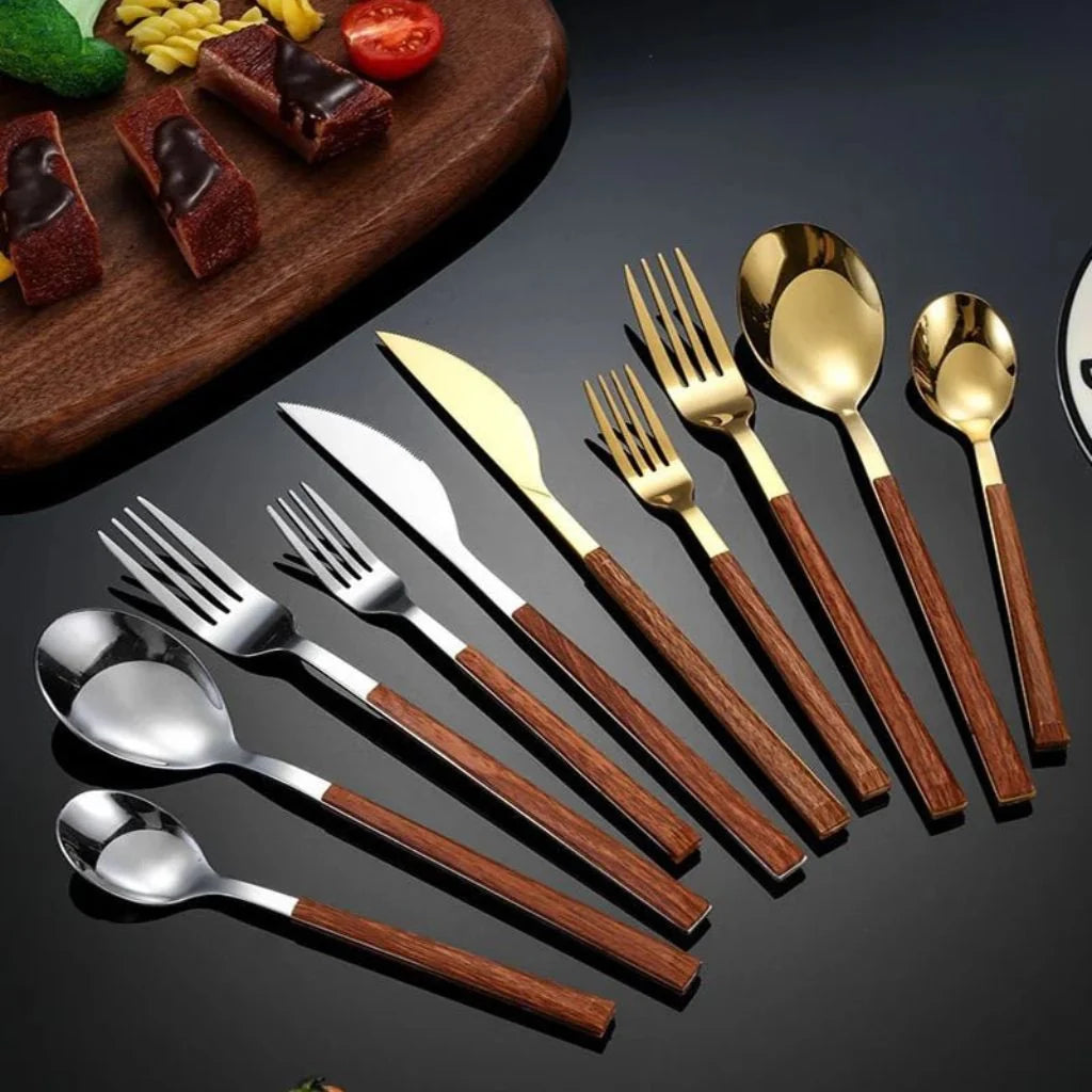 Cutlery Set with Wooden-Texture Handles and Stainless Steel 1