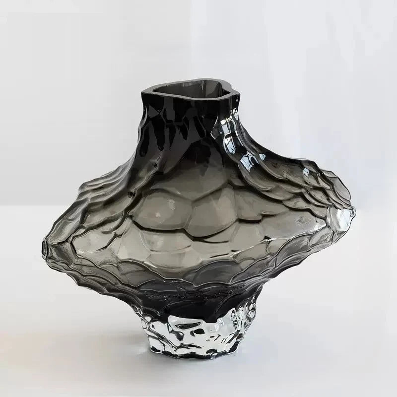 Glass Flower Vase - Sculptural Rippled Design in Smoky Gray 0
