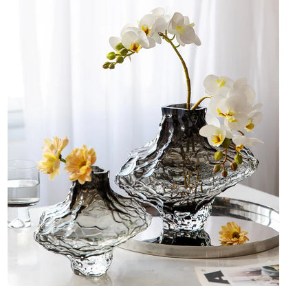 Glass Flower Vase - Sculptural Rippled Design in Smoky Gray 1