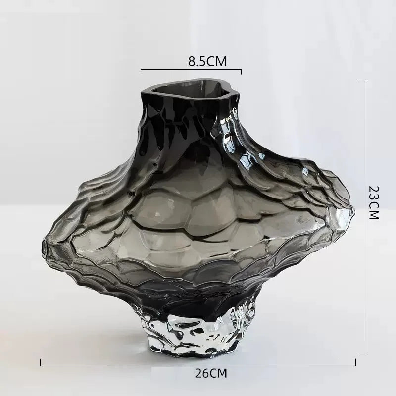 Glass Flower Vase - Sculptural Rippled Design in Smoky Gray 5