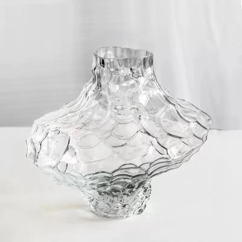 Glass Flower Vase - Sculptural Rippled Design in Smoky Gray 6