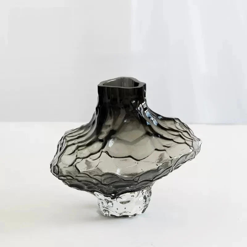 Glass Flower Vase - Sculptural Rippled Design in Smoky Gray 7