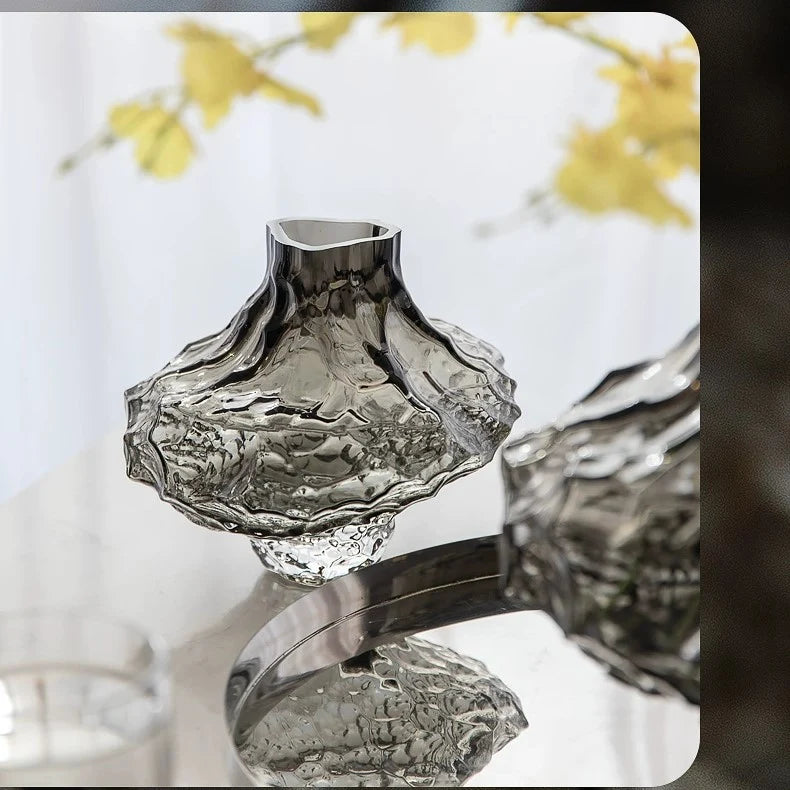 Glass Flower Vase - Sculptural Rippled Design in Smoky Gray 8