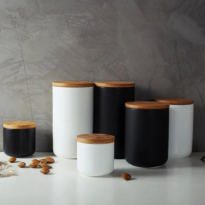 Kitchen Canisters - Airtight Food Storage Containers in Black or White with Natural Wood Lid 0