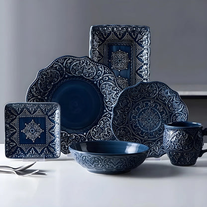 Porcelain Dinnerware Set with Navy Baroque Design and Wavy Edges 0