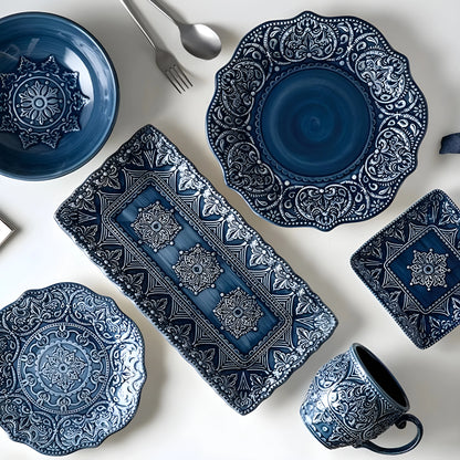 Porcelain Dinnerware Set with Navy Baroque Design and Wavy Edges 1