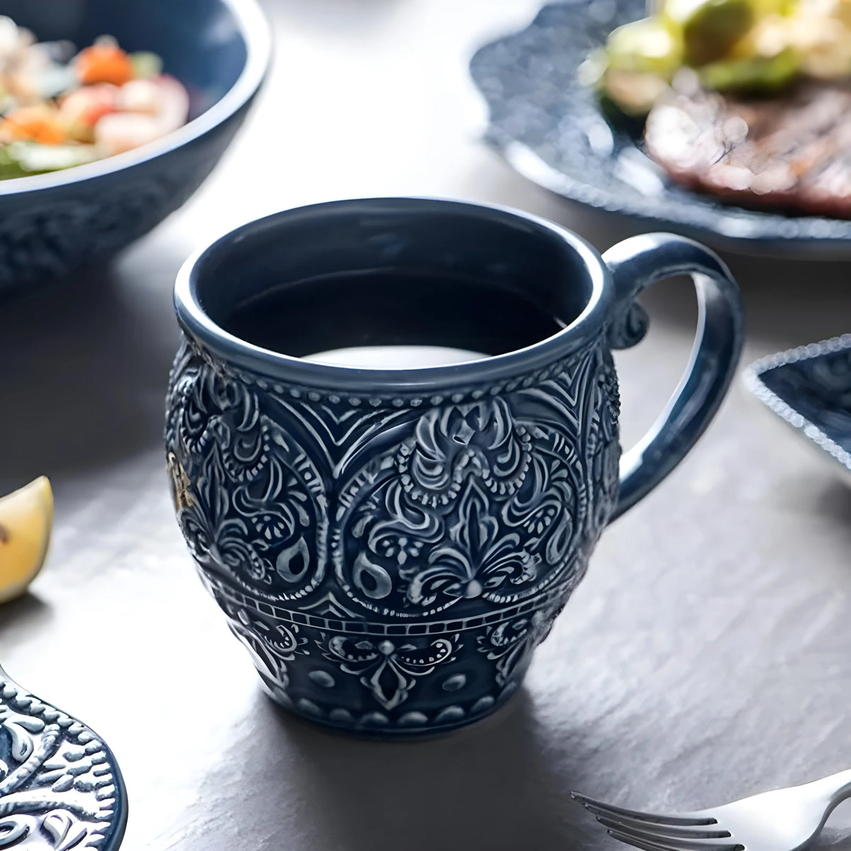 Porcelain Dinnerware Set with Navy Baroque Design and Wavy Edges 2