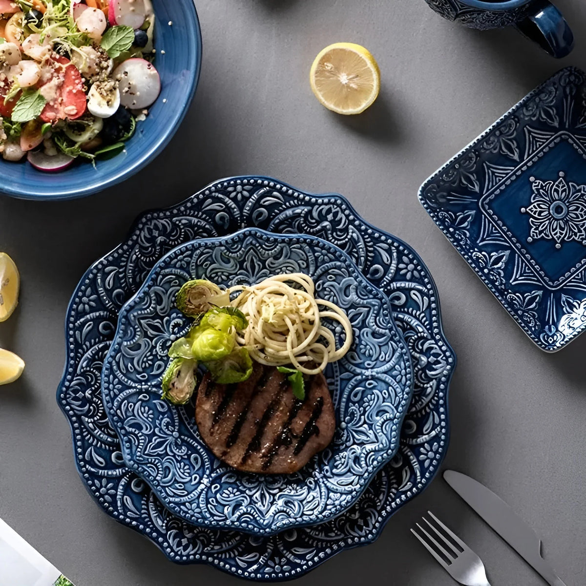Porcelain Dinnerware Set with Navy Baroque Design and Wavy Edges 3