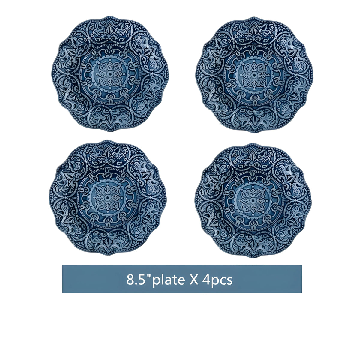 Porcelain Dinnerware Set with Navy Baroque Design and Wavy Edges 6