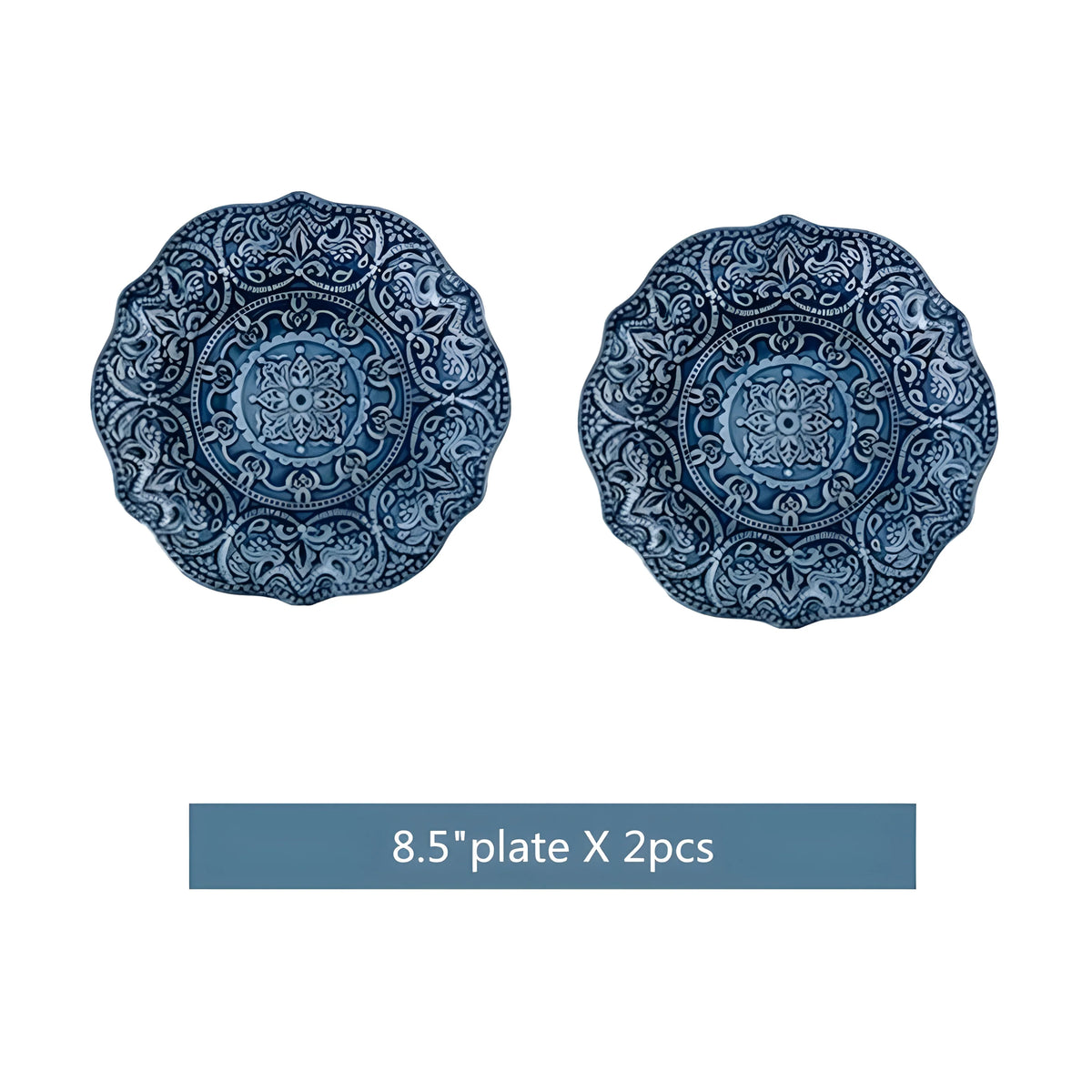 Porcelain Dinnerware Set with Navy Baroque Design and Wavy Edges 8