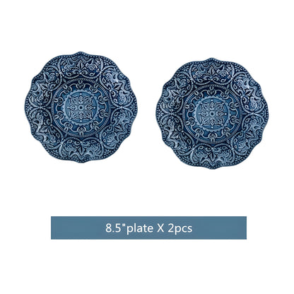 Porcelain Dinnerware Set with Navy Baroque Design and Wavy Edges 8