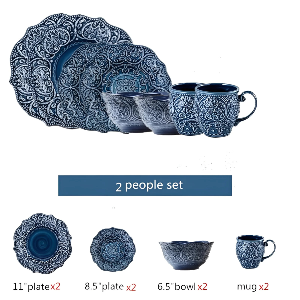 Porcelain Dinnerware Set with Navy Baroque Design and Wavy Edges 9