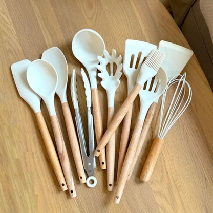 Silicone Cooking Utensil Set with Wooden Handles - Heat Resistant and Ergonomic 7