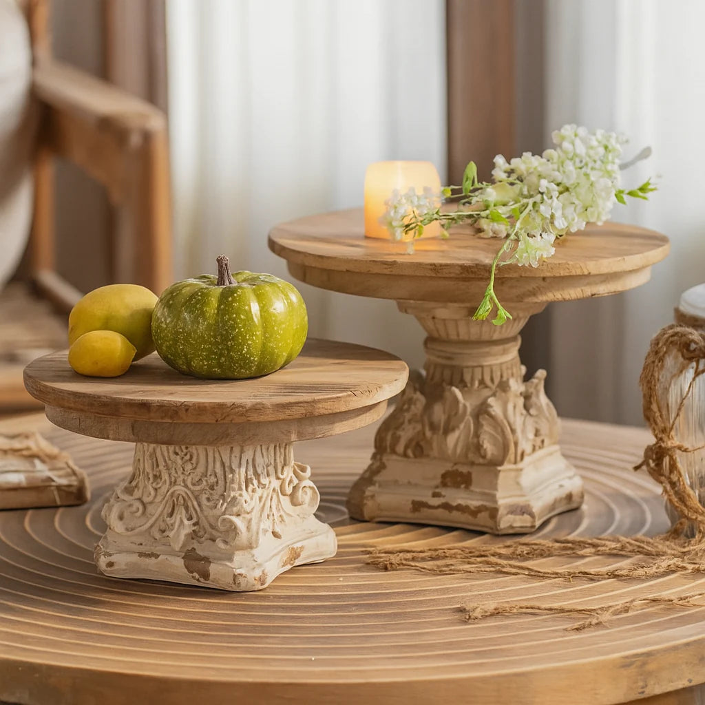 Wooden Pedestal Stand with Distressed Base for Decor 0